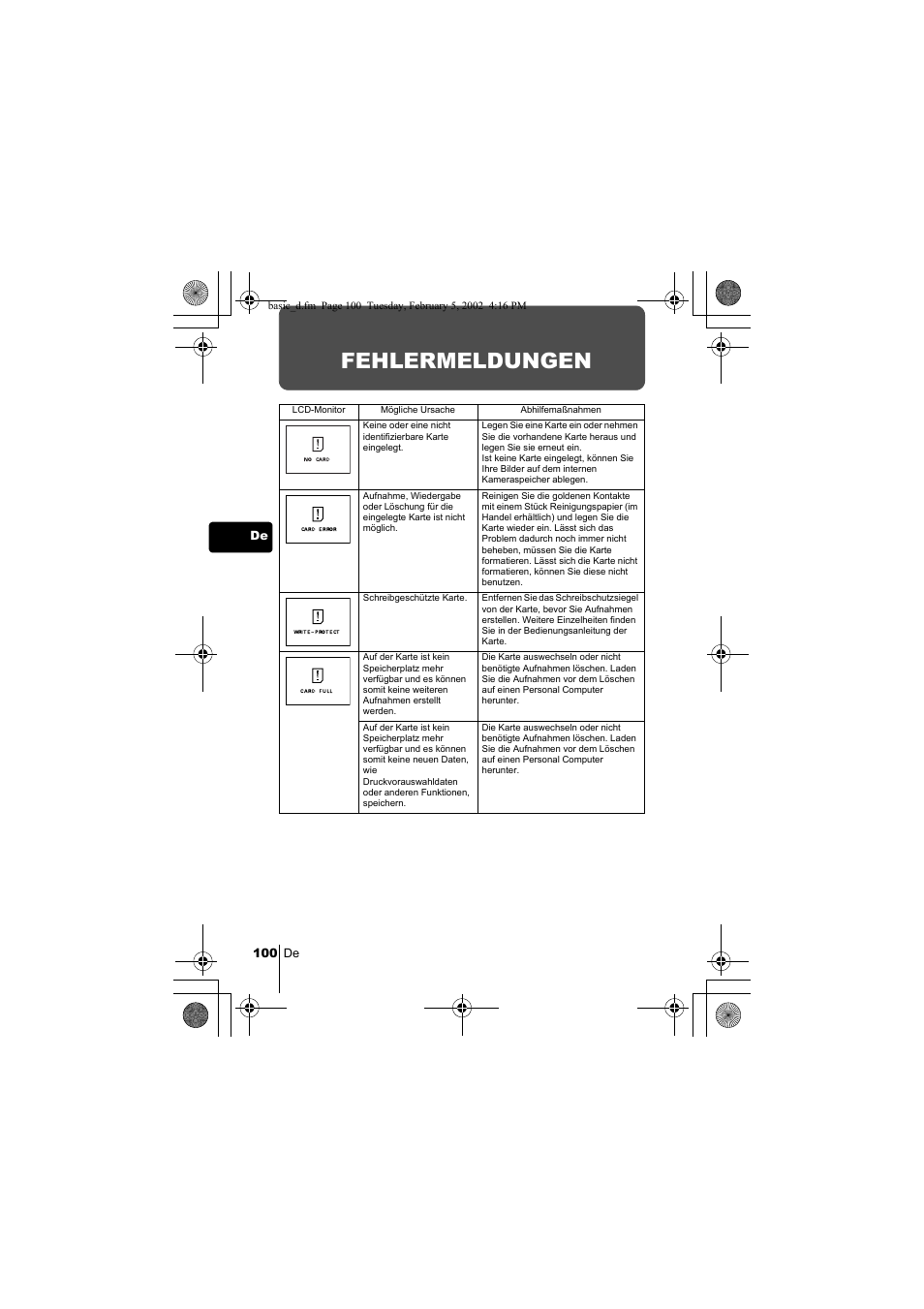 Fehlermeldungen | Olympus C-120 User Manual | Page 100 / 172