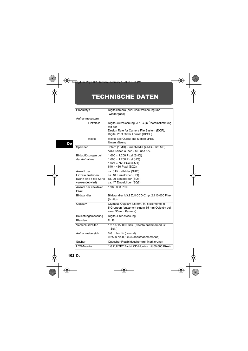 Technische daten | Olympus C-120 User Manual | Page 102 / 172