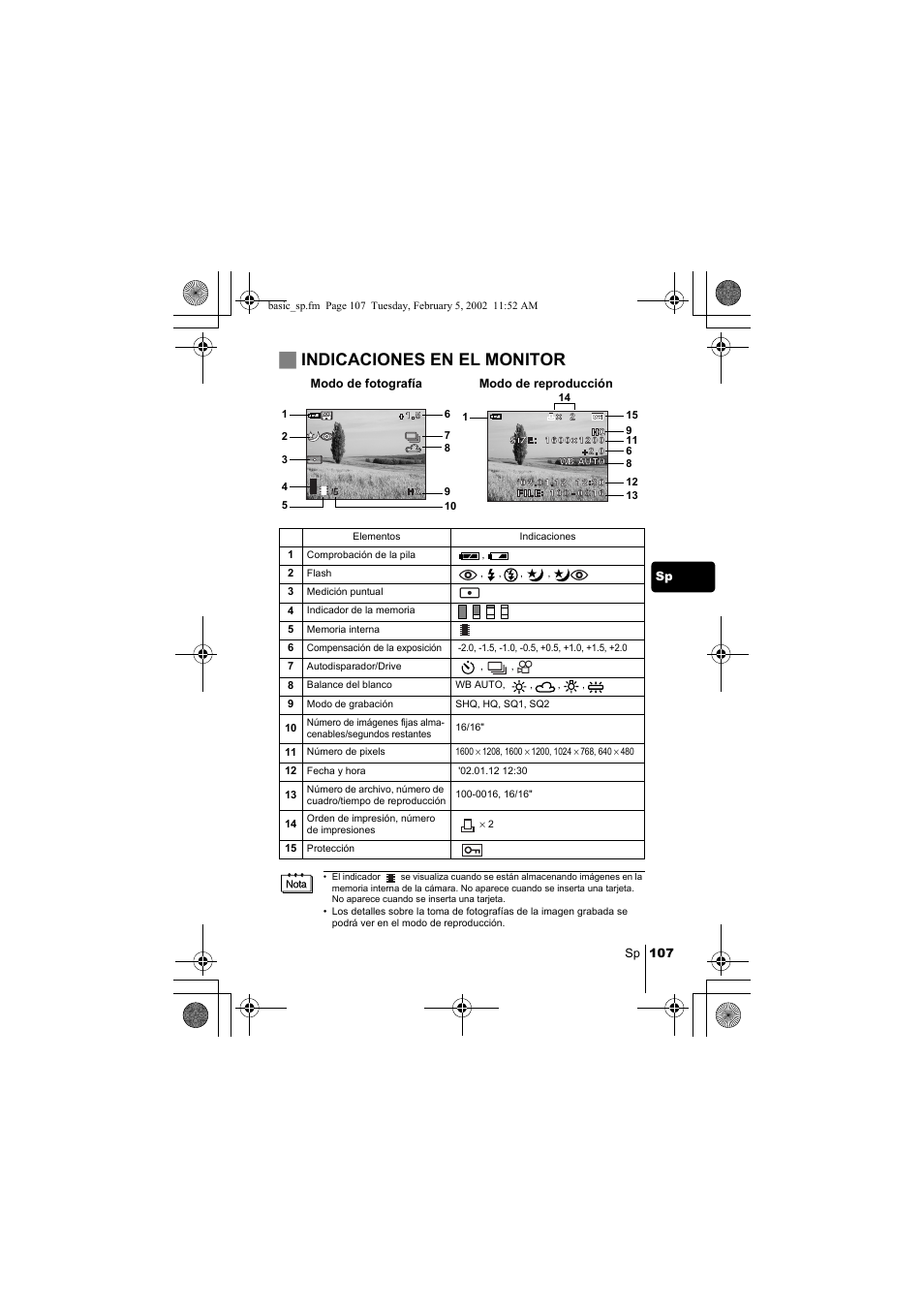 Jindicaciones en el monitor | Olympus C-120 User Manual | Page 107 / 172