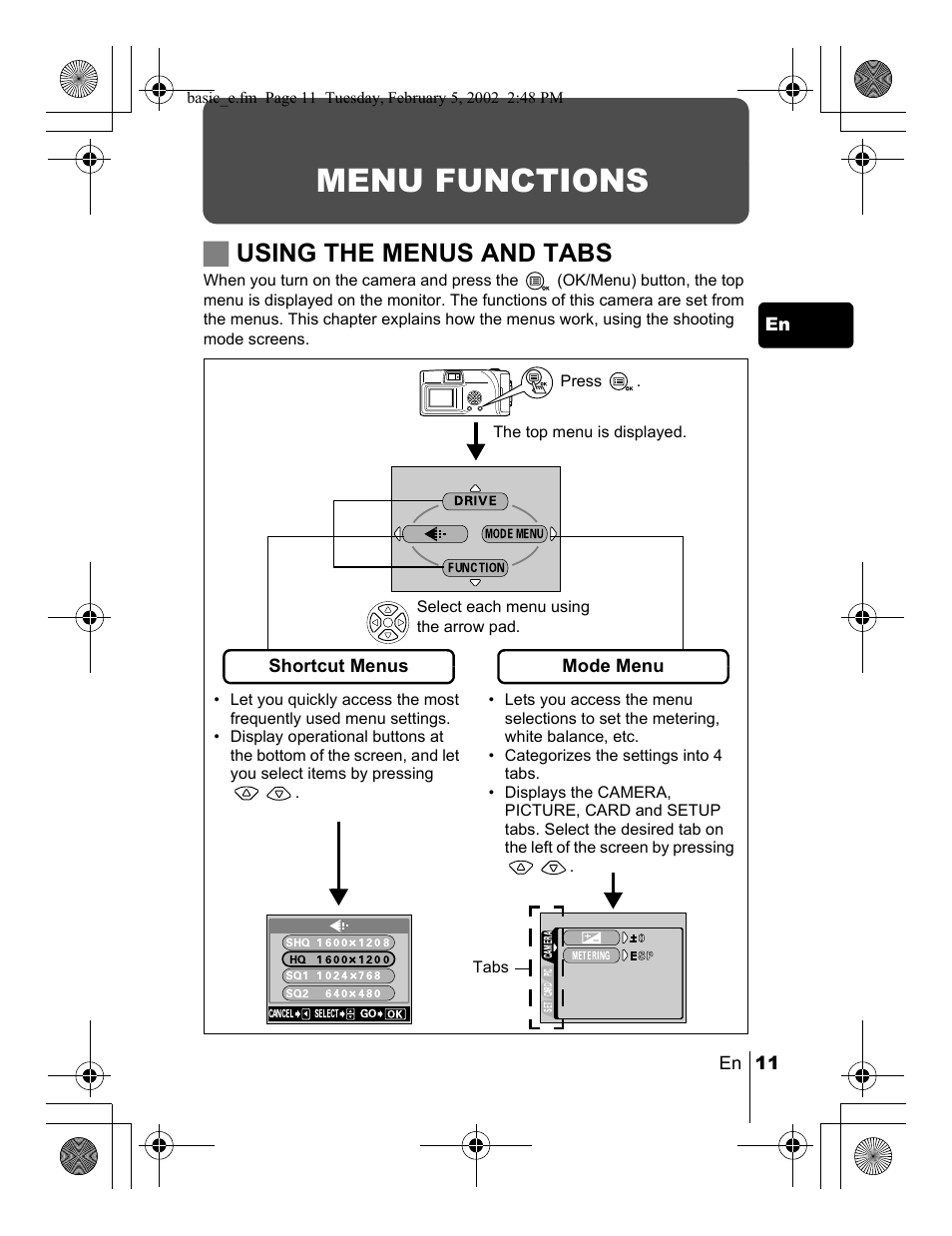 Menu functions, Jusing the menus and tabs | Olympus C-120 User Manual | Page 11 / 172