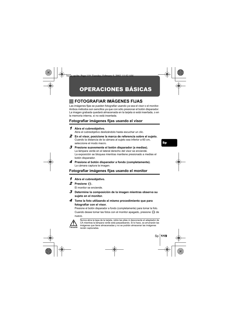 Operaciones básicas, Jfotografiar imágenes fijas | Olympus C-120 User Manual | Page 119 / 172
