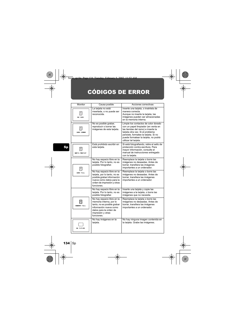 Códigos de error | Olympus C-120 User Manual | Page 134 / 172