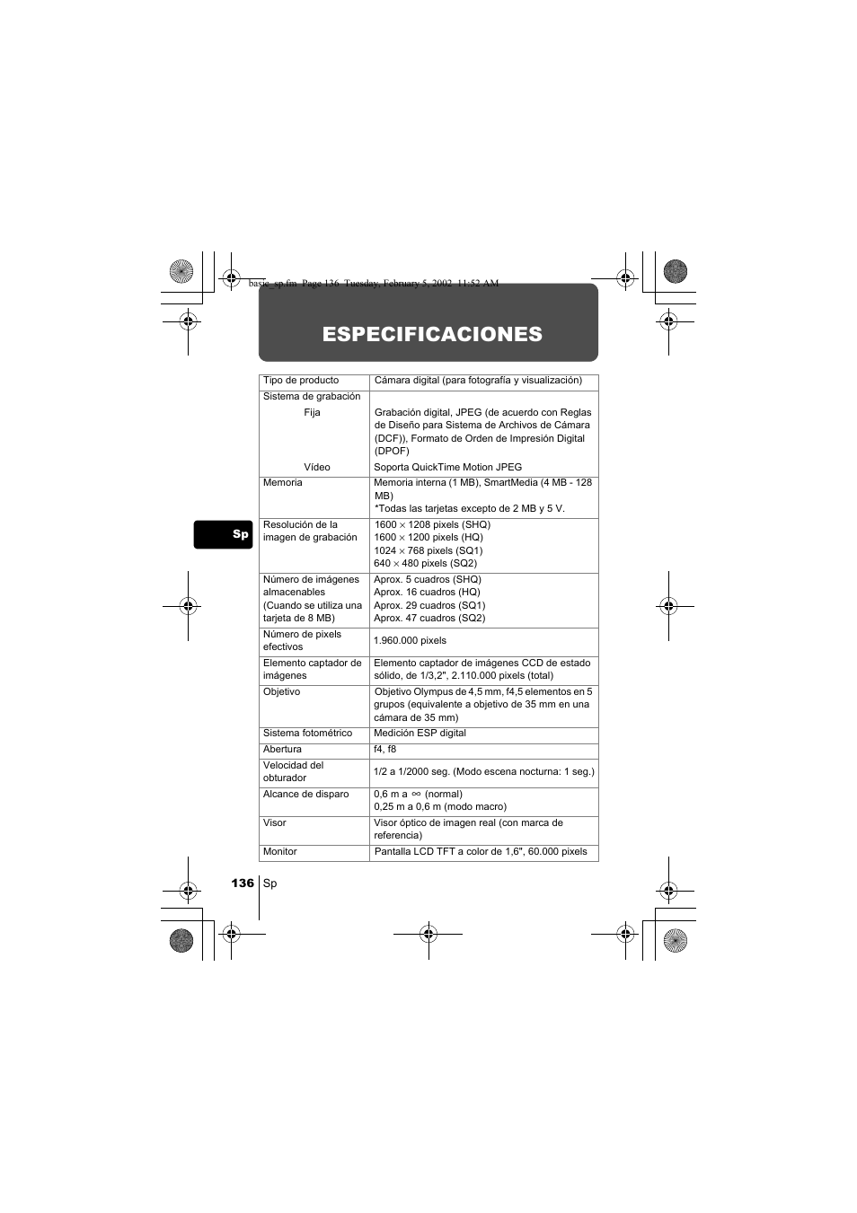 Especificaciones | Olympus C-120 User Manual | Page 136 / 172