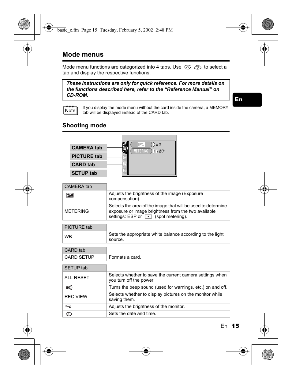 Mode menus | Olympus C-120 User Manual | Page 15 / 172