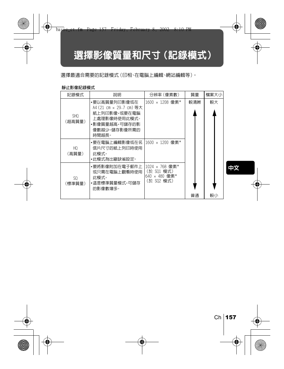 選擇影像質量和尺寸（記錄模式 | Olympus C-120 User Manual | Page 157 / 172