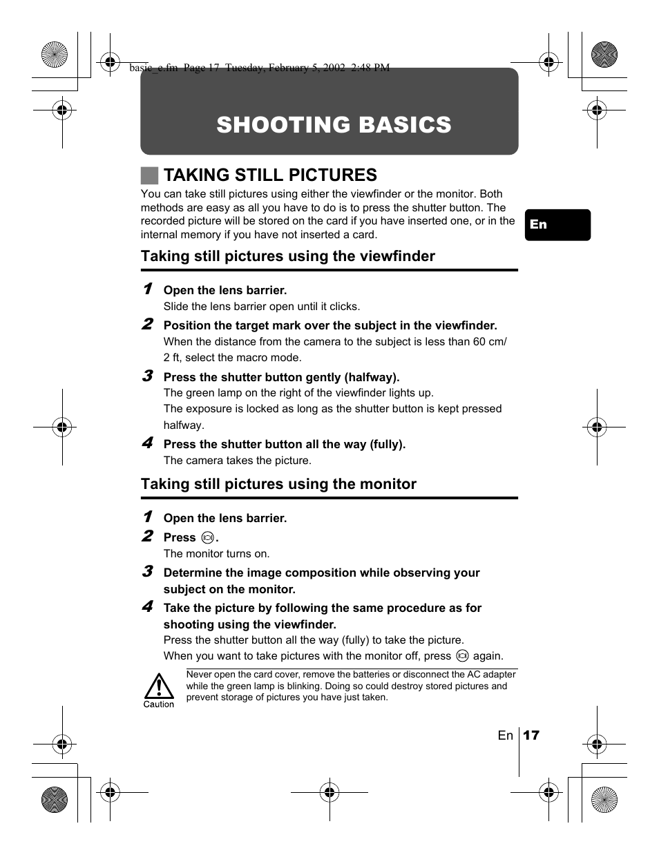 Shooting basics, Jtaking still pictures | Olympus C-120 User Manual | Page 17 / 172