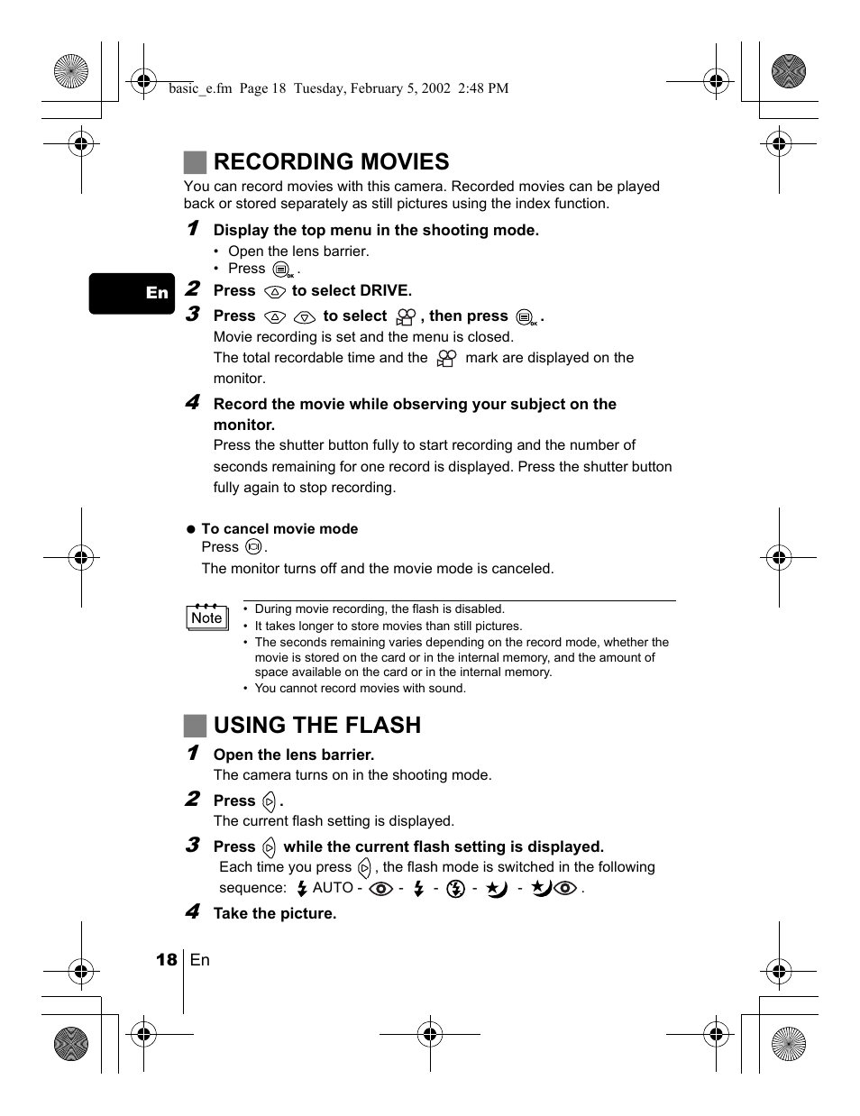 Jrecording movies, Jusing the flash | Olympus C-120 User Manual | Page 18 / 172