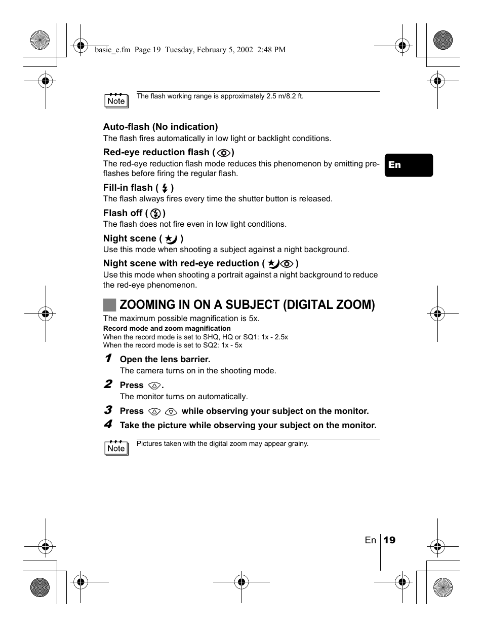 Jzooming in on a subject (digital zoom) | Olympus C-120 User Manual | Page 19 / 172