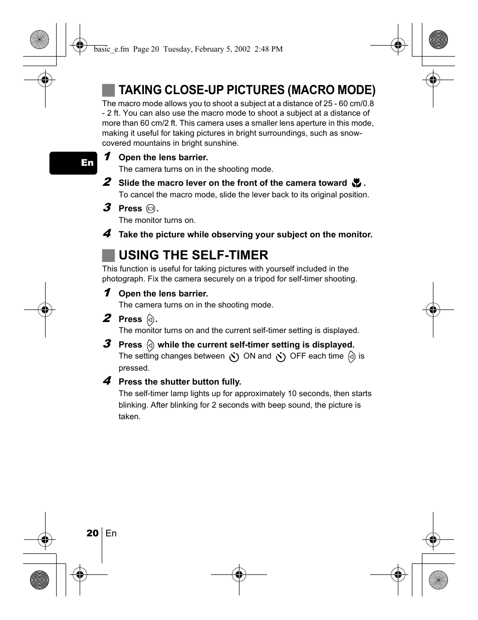 Jtaking close-up pictures (macro mode), Jusing the self-timer | Olympus C-120 User Manual | Page 20 / 172