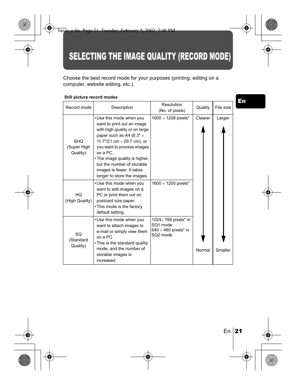 Selecting the image quality (record mode) | Olympus C-120 User Manual | Page 21 / 172