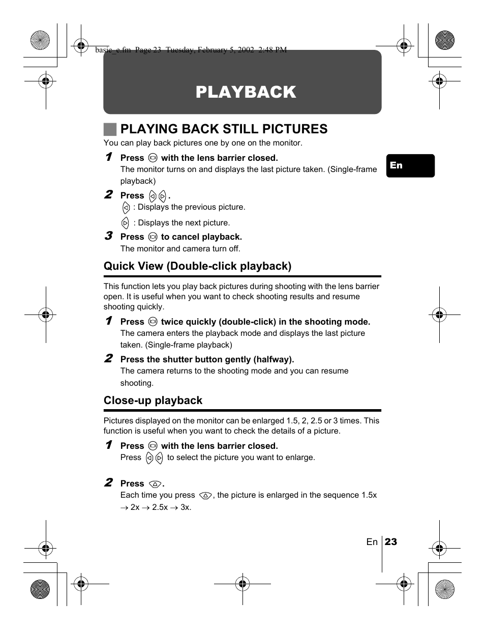 Playback, Jplaying back still pictures | Olympus C-120 User Manual | Page 23 / 172