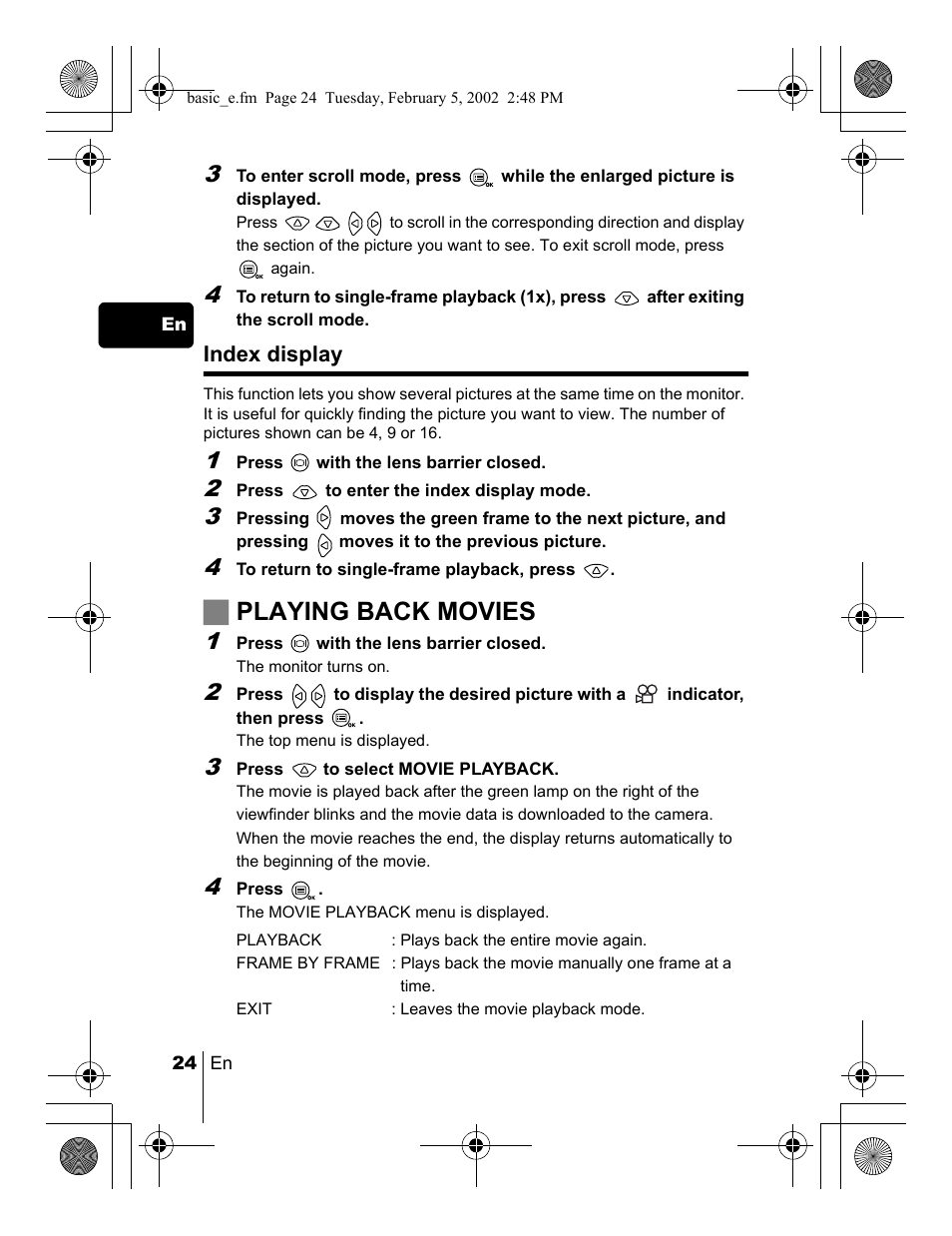 Jplaying back movies | Olympus C-120 User Manual | Page 24 / 172