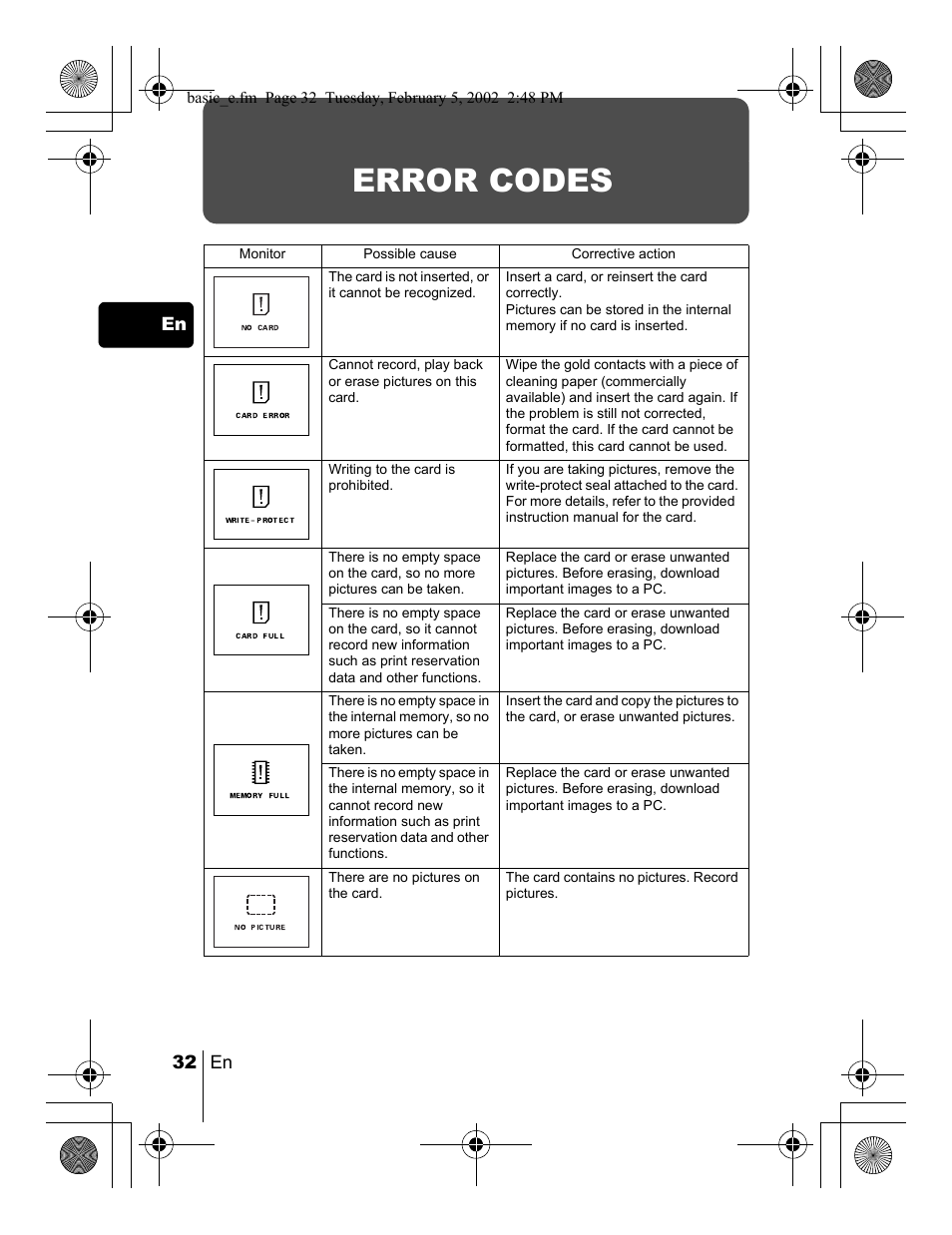 Error codes | Olympus C-120 User Manual | Page 32 / 172