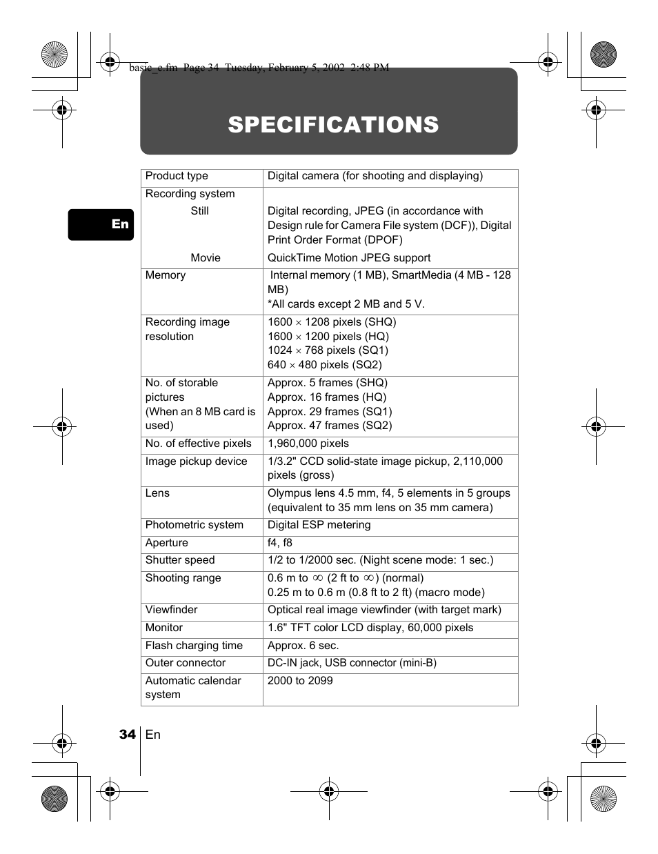 Specifications | Olympus C-120 User Manual | Page 34 / 172