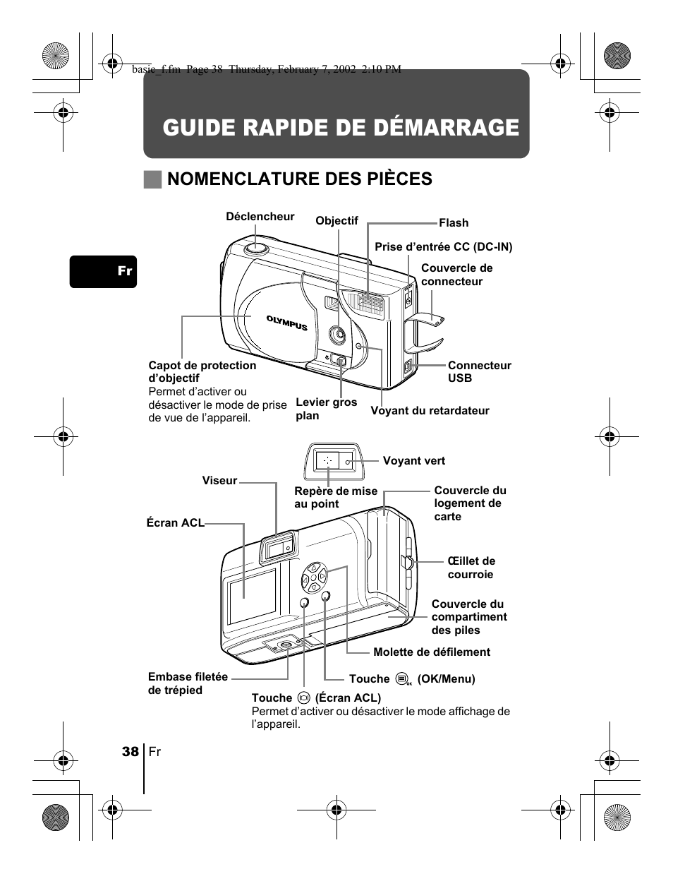 Guide rapide de démarrage, Jnomenclature des pièces | Olympus C-120 User Manual | Page 38 / 172