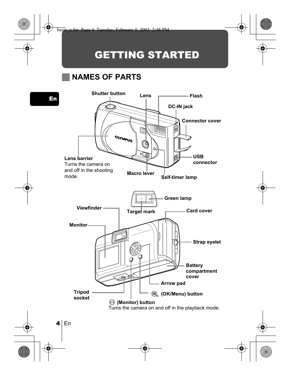 Getting started, Jnames of parts | Olympus C-120 User Manual | Page 4 / 172