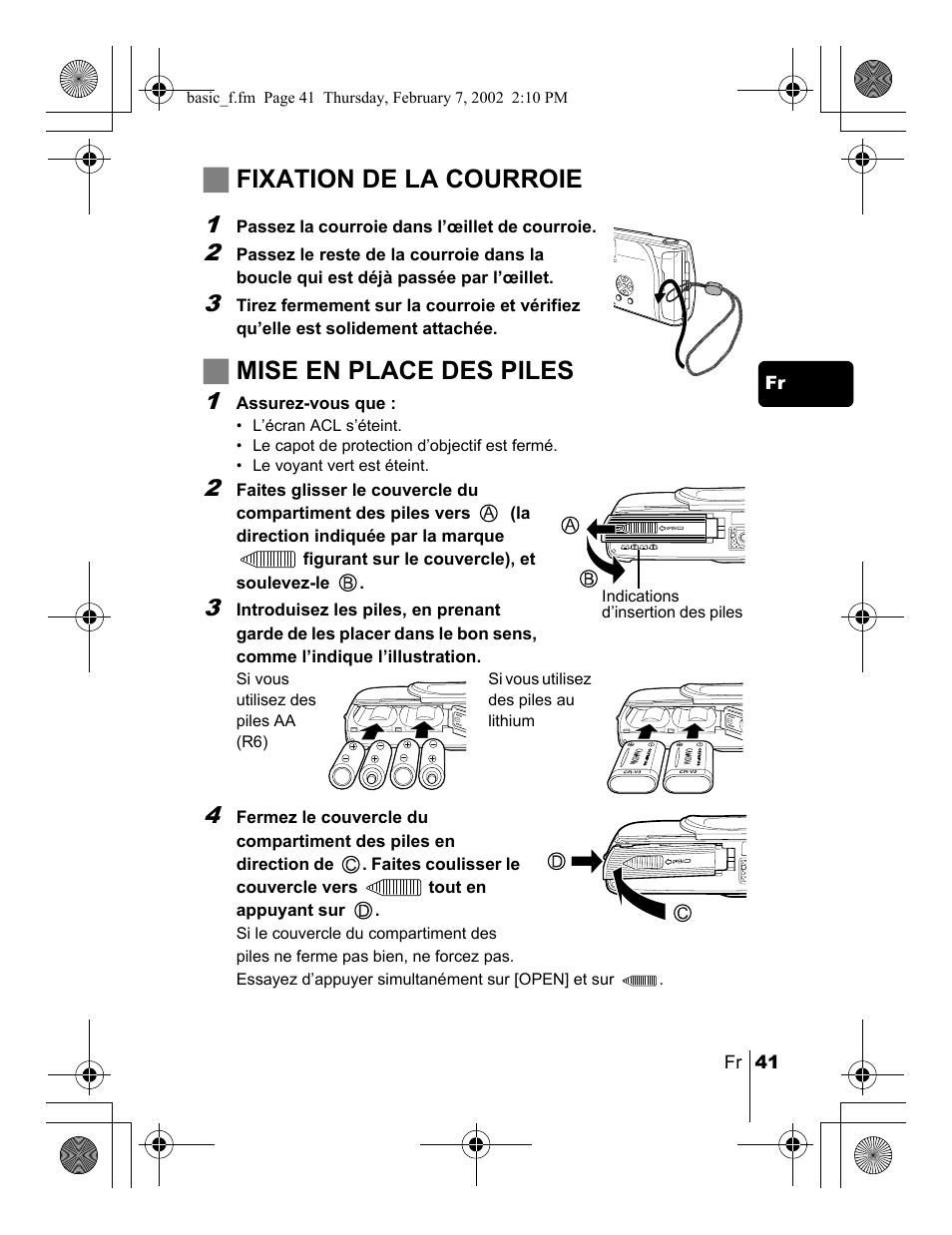 Jfixation de la courroie, Jmise en place des piles | Olympus C-120 User Manual | Page 41 / 172