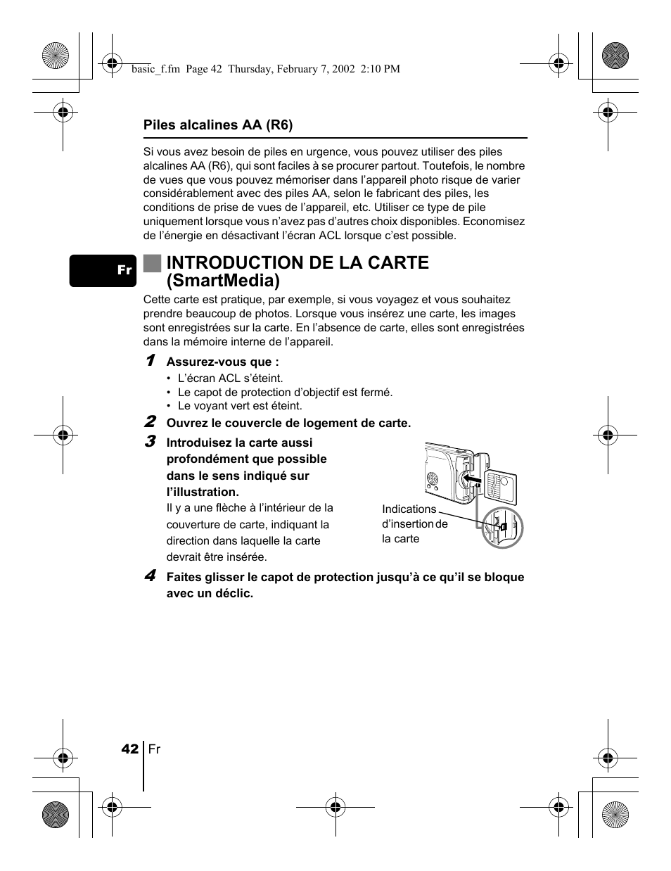 Jintroduction de la carte (smartmedia) | Olympus C-120 User Manual | Page 42 / 172
