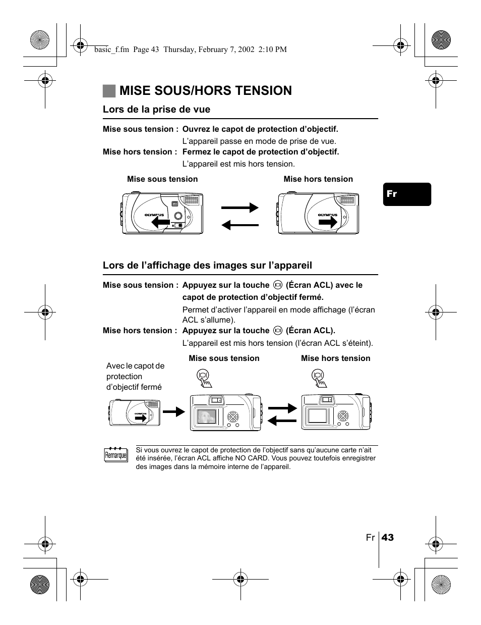 Jmise sous/hors tension | Olympus C-120 User Manual | Page 43 / 172