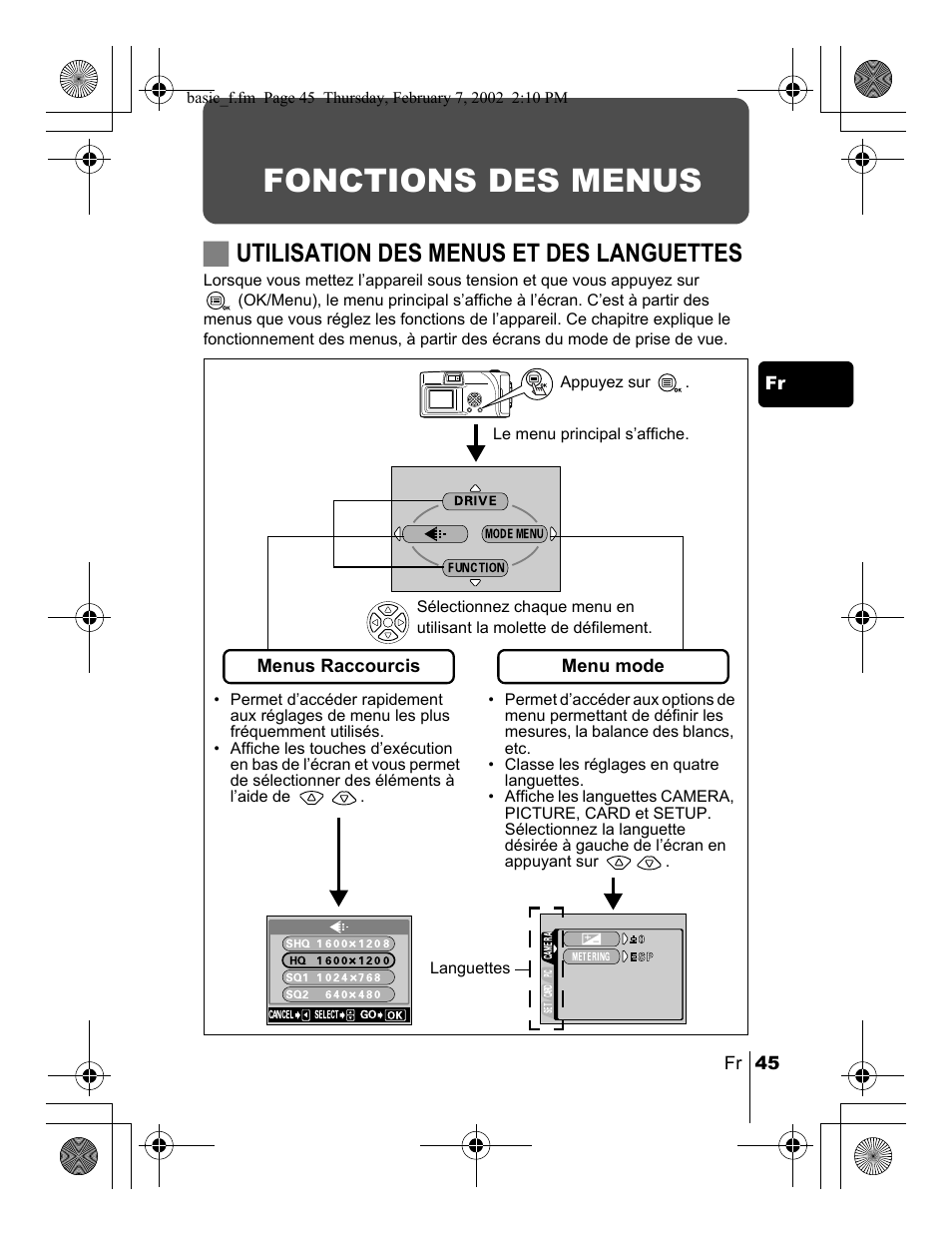 Fonctions des menus, Jutilisation des menus et des languettes | Olympus C-120 User Manual | Page 45 / 172
