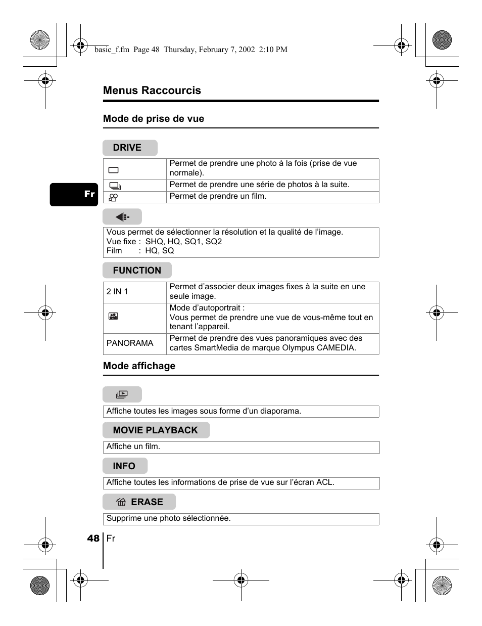Menus raccourcis | Olympus C-120 User Manual | Page 48 / 172