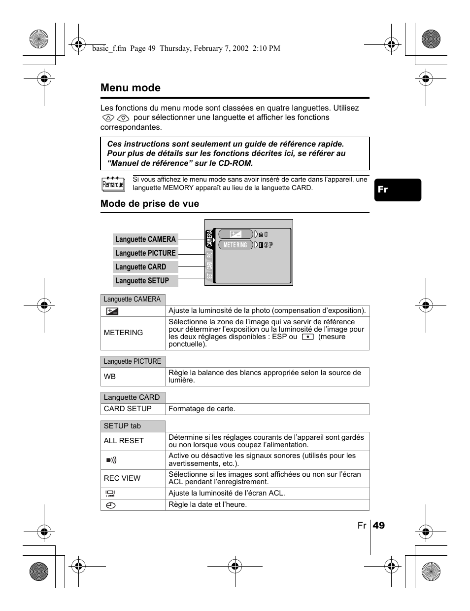 Menu mode | Olympus C-120 User Manual | Page 49 / 172