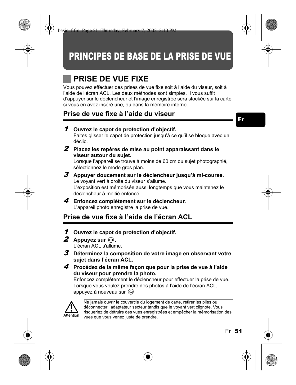 Principes de base de la prise de vue, Jprise de vue fixe | Olympus C-120 User Manual | Page 51 / 172