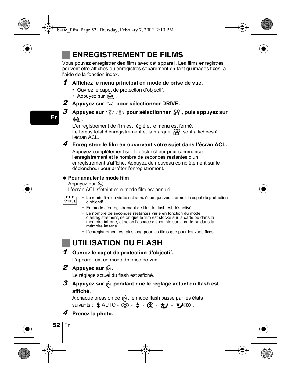 Jenregistrement de films, Jutilisation du flash | Olympus C-120 User Manual | Page 52 / 172