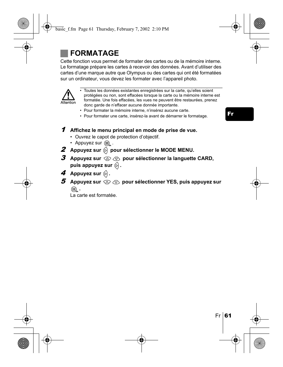 Jformatage | Olympus C-120 User Manual | Page 61 / 172