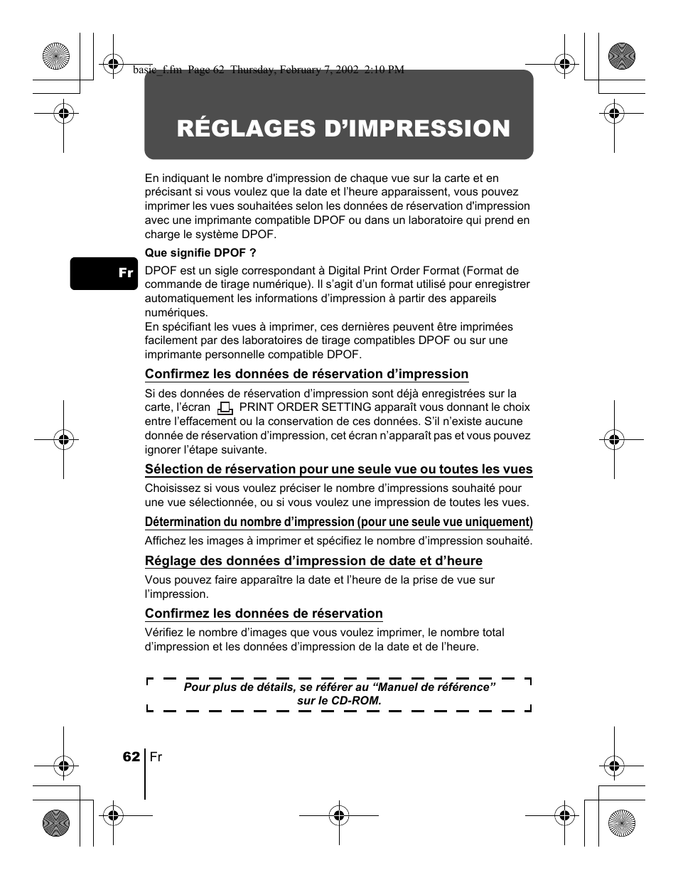 Réglages d’impression | Olympus C-120 User Manual | Page 62 / 172