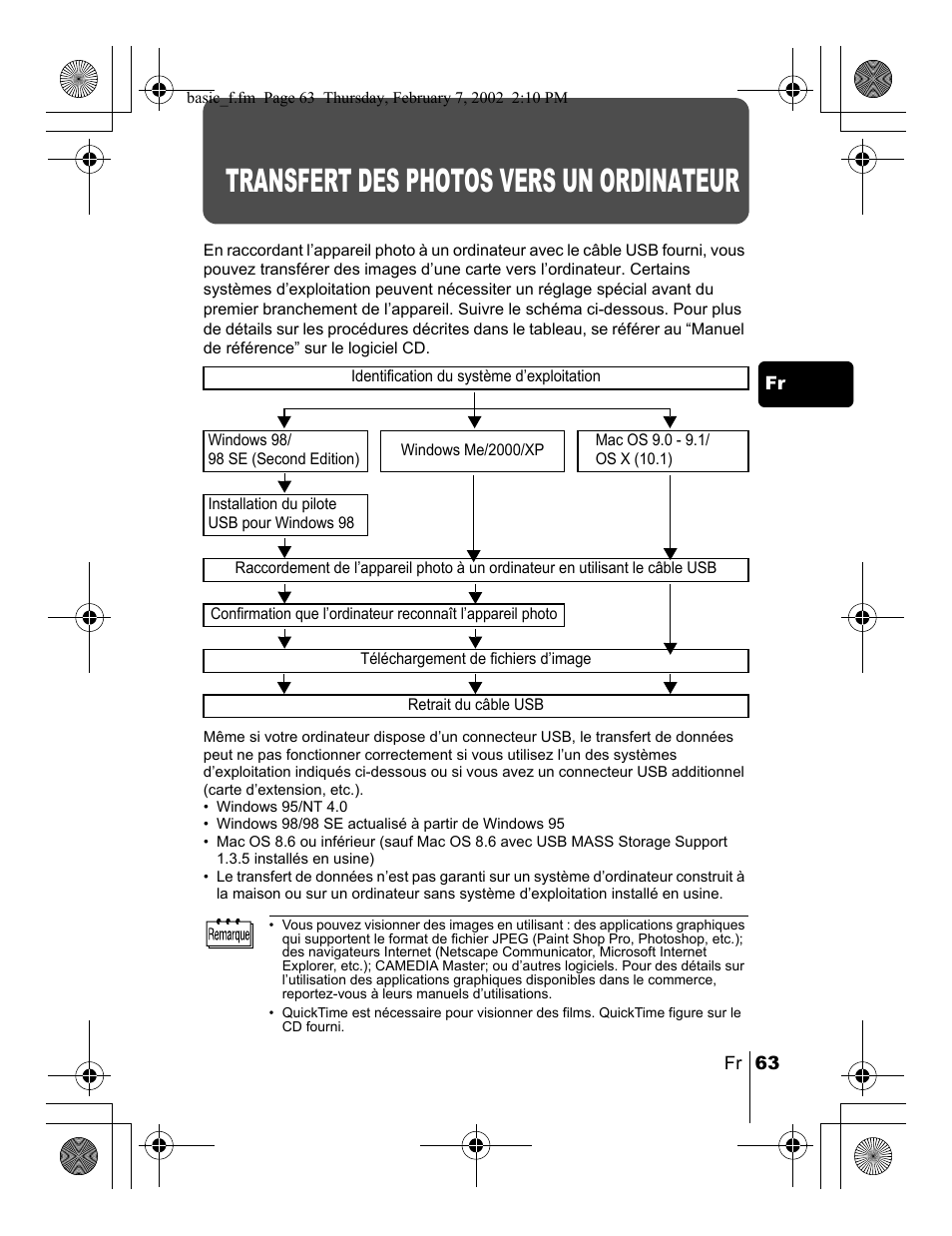 Transfert des photos vers un ordinateur | Olympus C-120 User Manual | Page 63 / 172