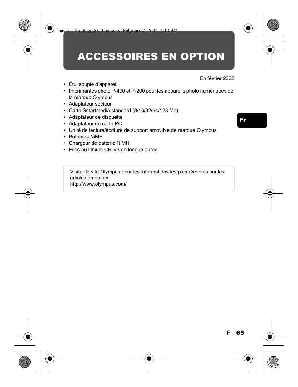Accessoires en option | Olympus C-120 User Manual | Page 65 / 172
