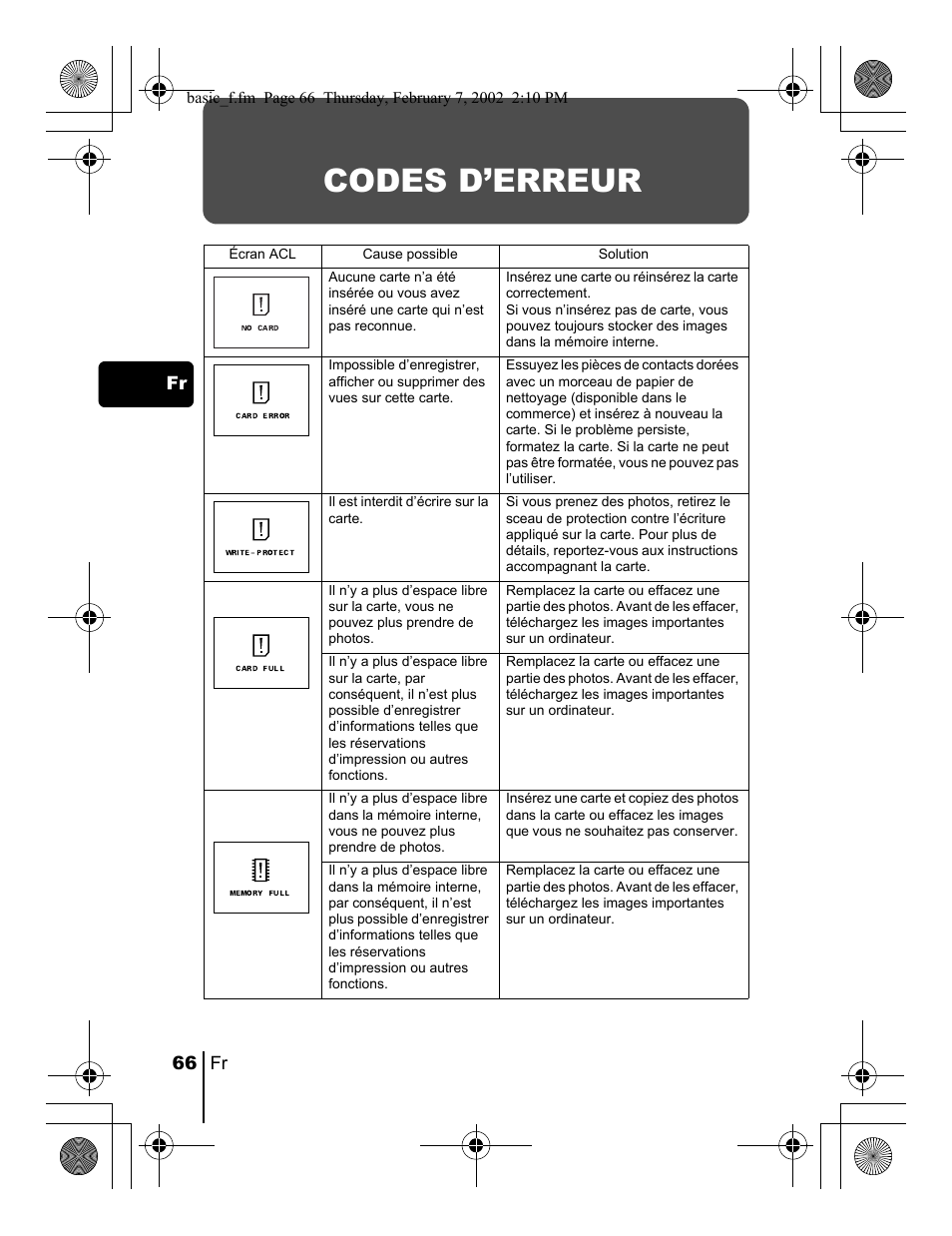 Codes d’erreur | Olympus C-120 User Manual | Page 66 / 172