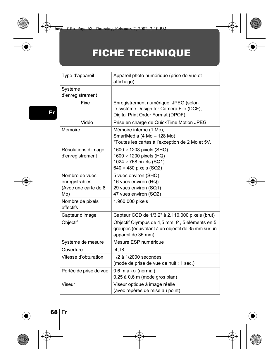 Fiche technique | Olympus C-120 User Manual | Page 68 / 172