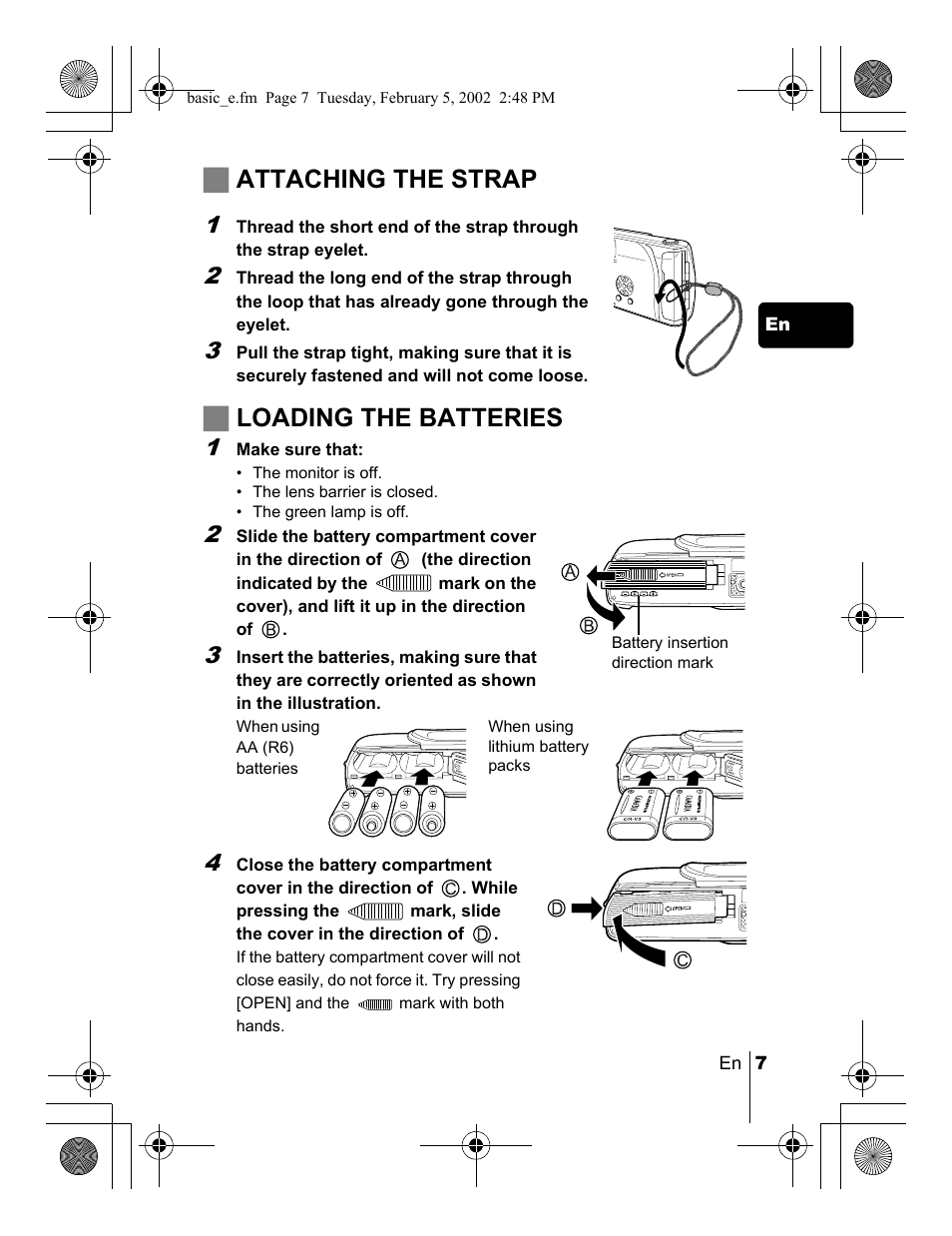 Jattaching the strap, Jloading the batteries | Olympus C-120 User Manual | Page 7 / 172