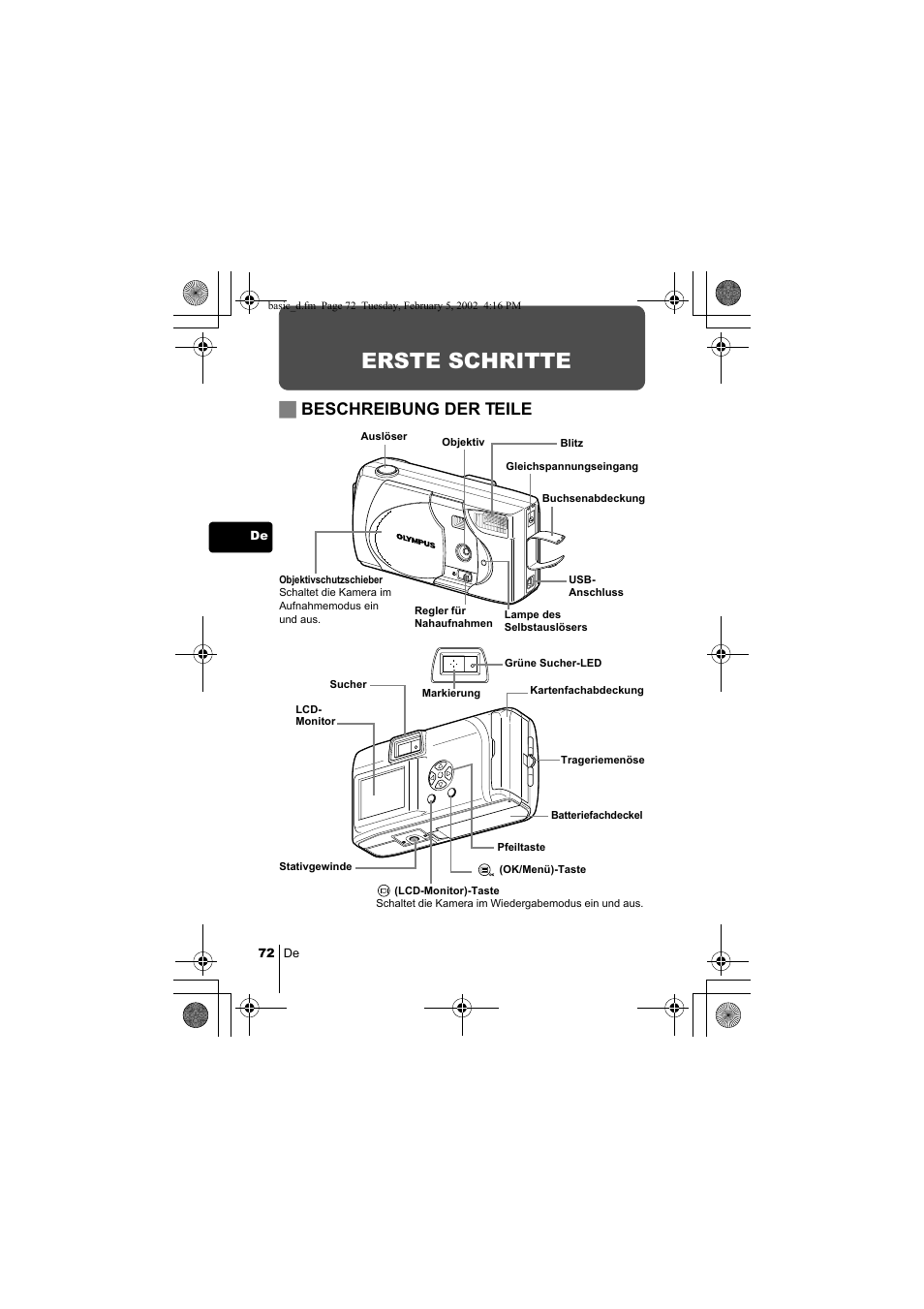 Erste schritte, Jbeschreibung der teile | Olympus C-120 User Manual | Page 72 / 172