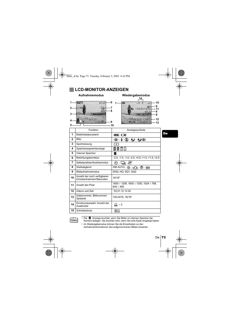 Jlcd-monitor-anzeigen | Olympus C-120 User Manual | Page 73 / 172