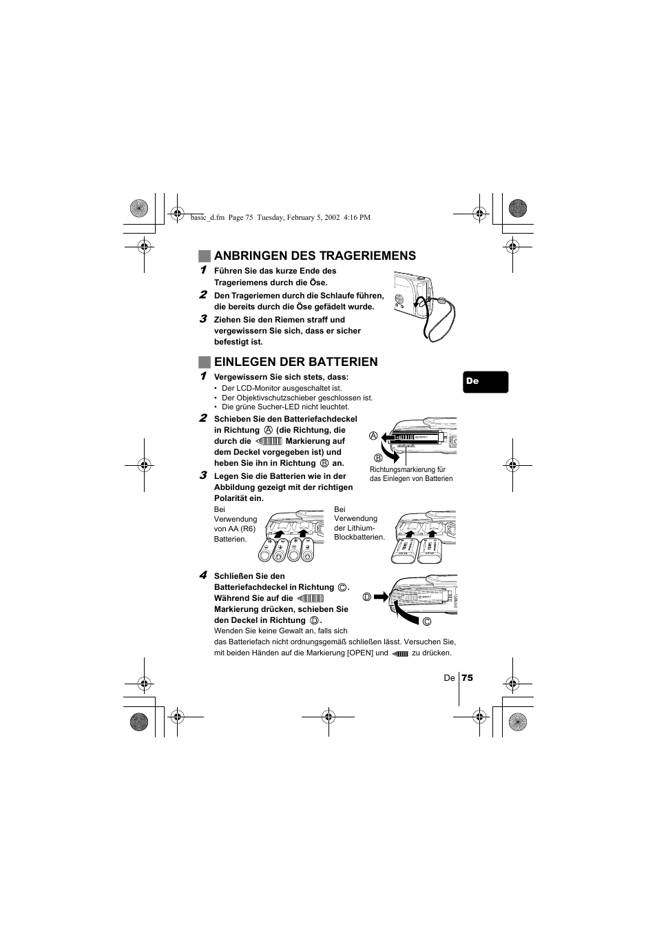Janbringen des trageriemens, Jeinlegen der batterien | Olympus C-120 User Manual | Page 75 / 172