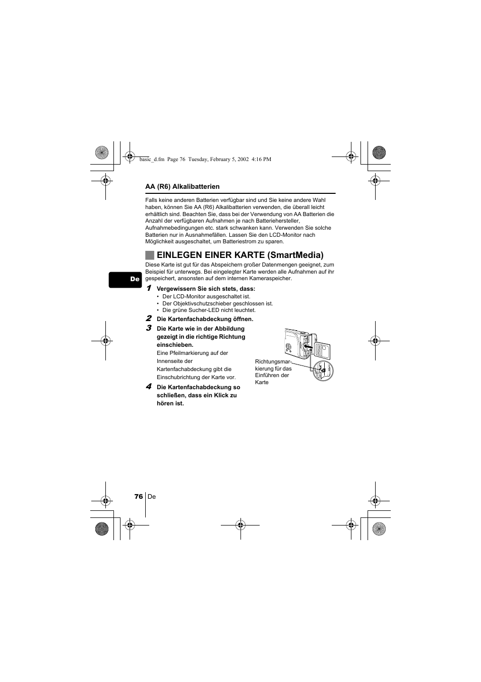 Jeinlegen einer karte (smartmedia) | Olympus C-120 User Manual | Page 76 / 172