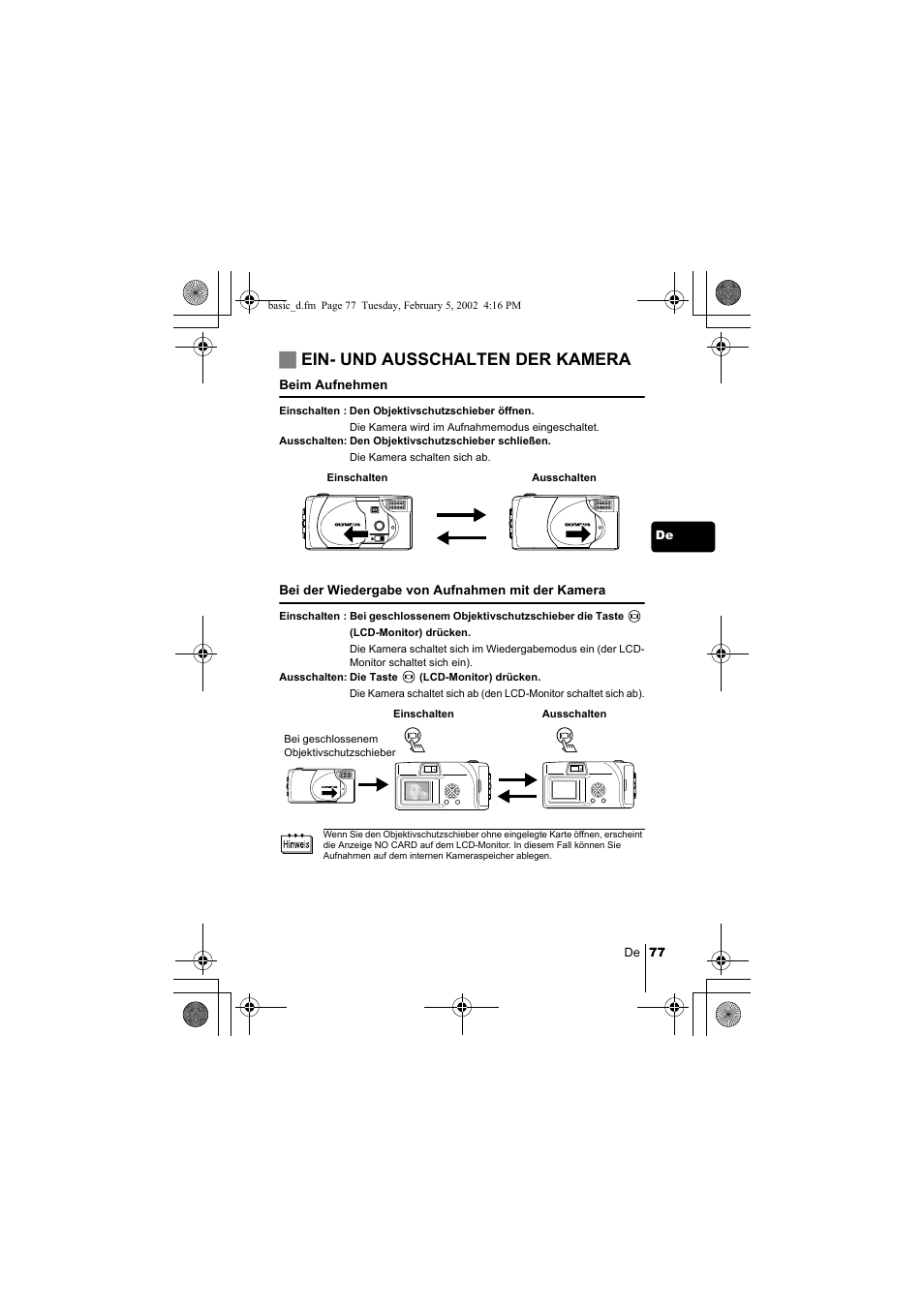 Jein- und ausschalten der kamera | Olympus C-120 User Manual | Page 77 / 172