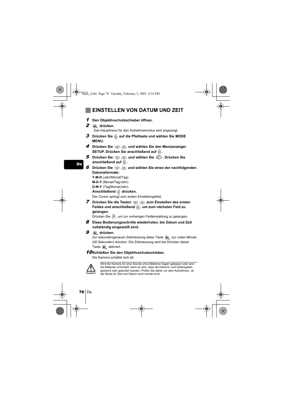 Jeinstellen von datum und zeit | Olympus C-120 User Manual | Page 78 / 172