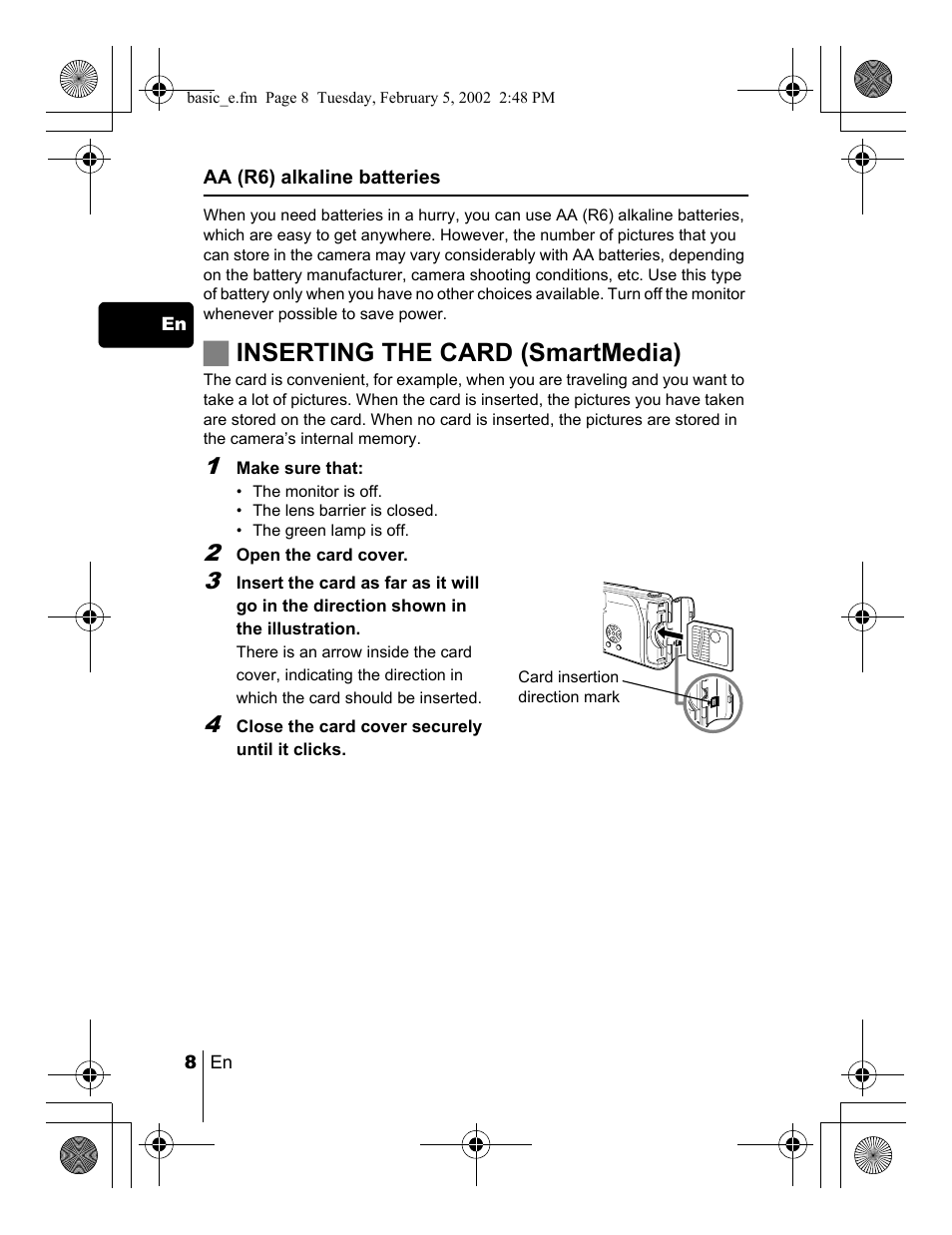 Jinserting the card (smartmedia) | Olympus C-120 User Manual | Page 8 / 172