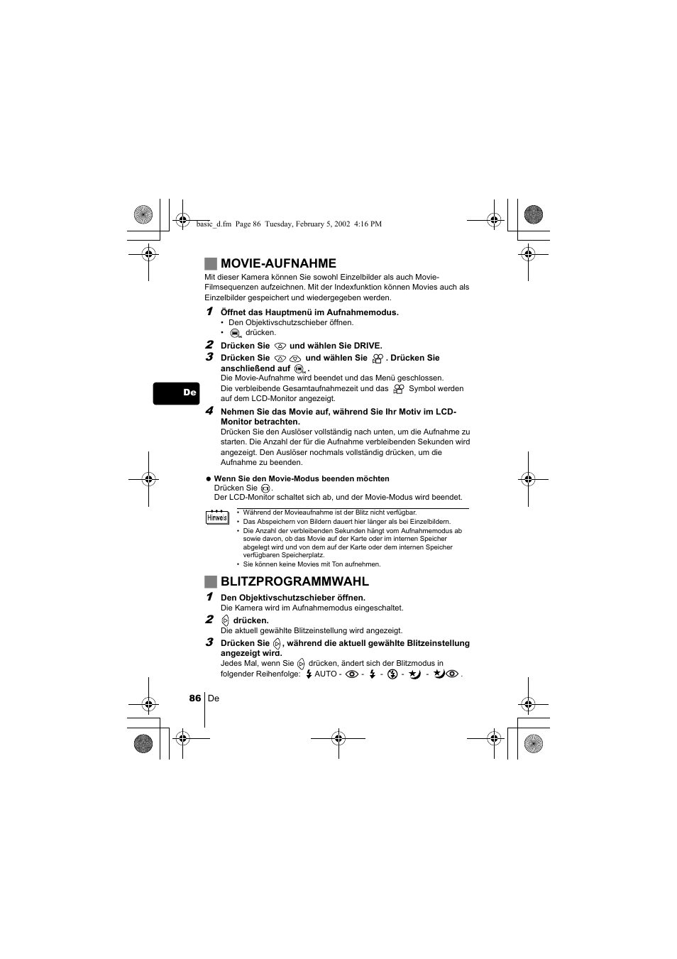 Jmovie-aufnahme, Jblitzprogrammwahl | Olympus C-120 User Manual | Page 86 / 172