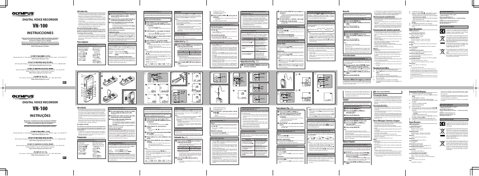 Vn-100, Instrucciones, Instruções | Digital voice recorder, Es pt, Preparação, Reprodução (fig. 9 ) eventuais problemas, Especificações, Introdução, Gravação | Olympus VN-100 User Manual | Page 2 / 2