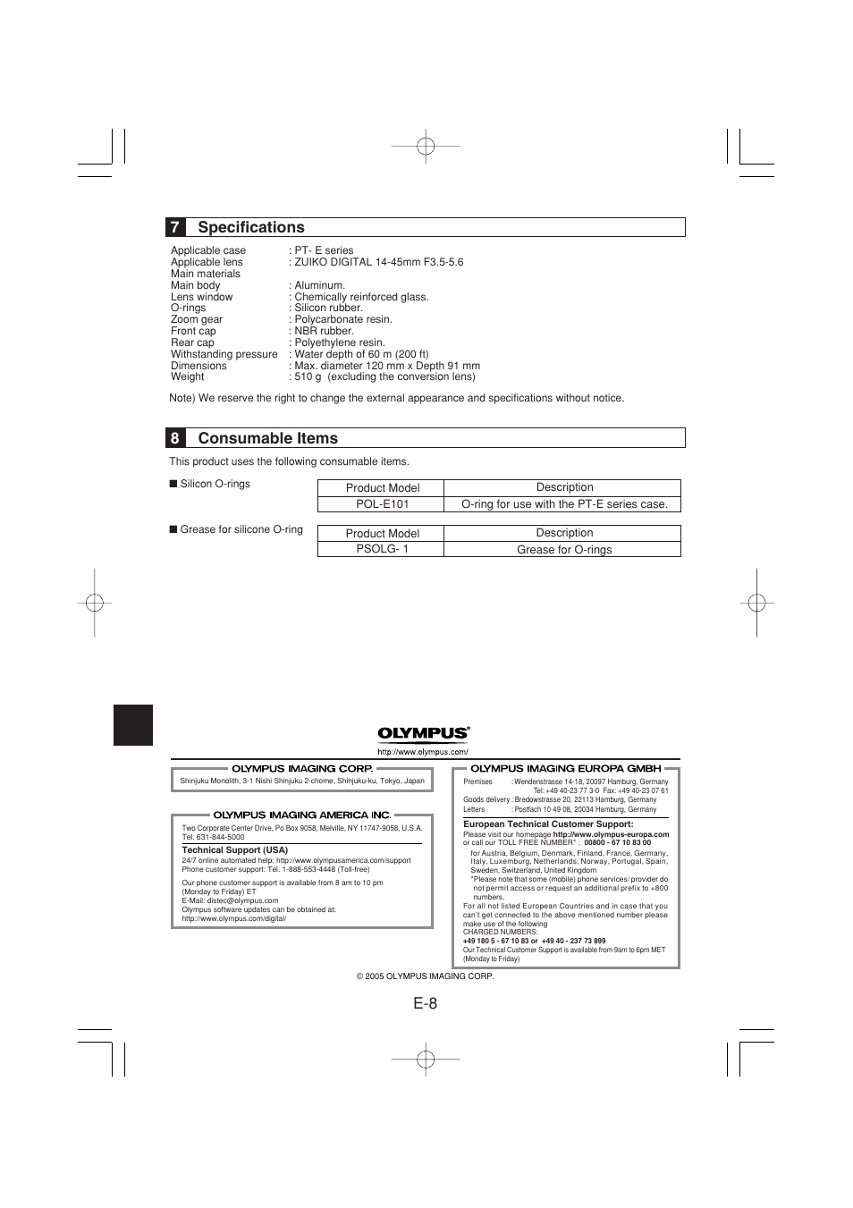 7specifications, 8consumable items | Olympus PPO-E01 User Manual | Page 18 / 60