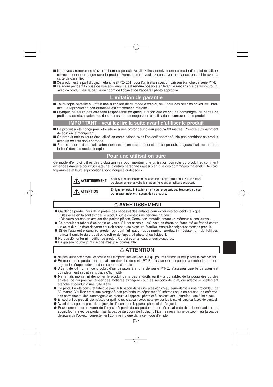 F-1 avertissement limitation de garantie, Pour une utilisation sûre, Attention | Olympus PPO-E01 User Manual | Page 19 / 60