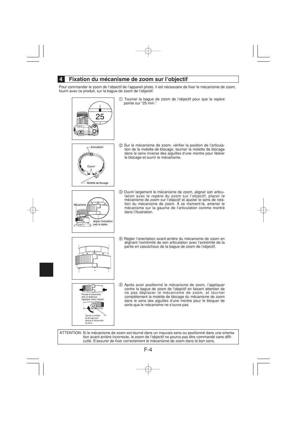 F-4 4 fixation du mécanisme de zoom sur l’objectif | Olympus PPO-E01 User Manual | Page 22 / 60