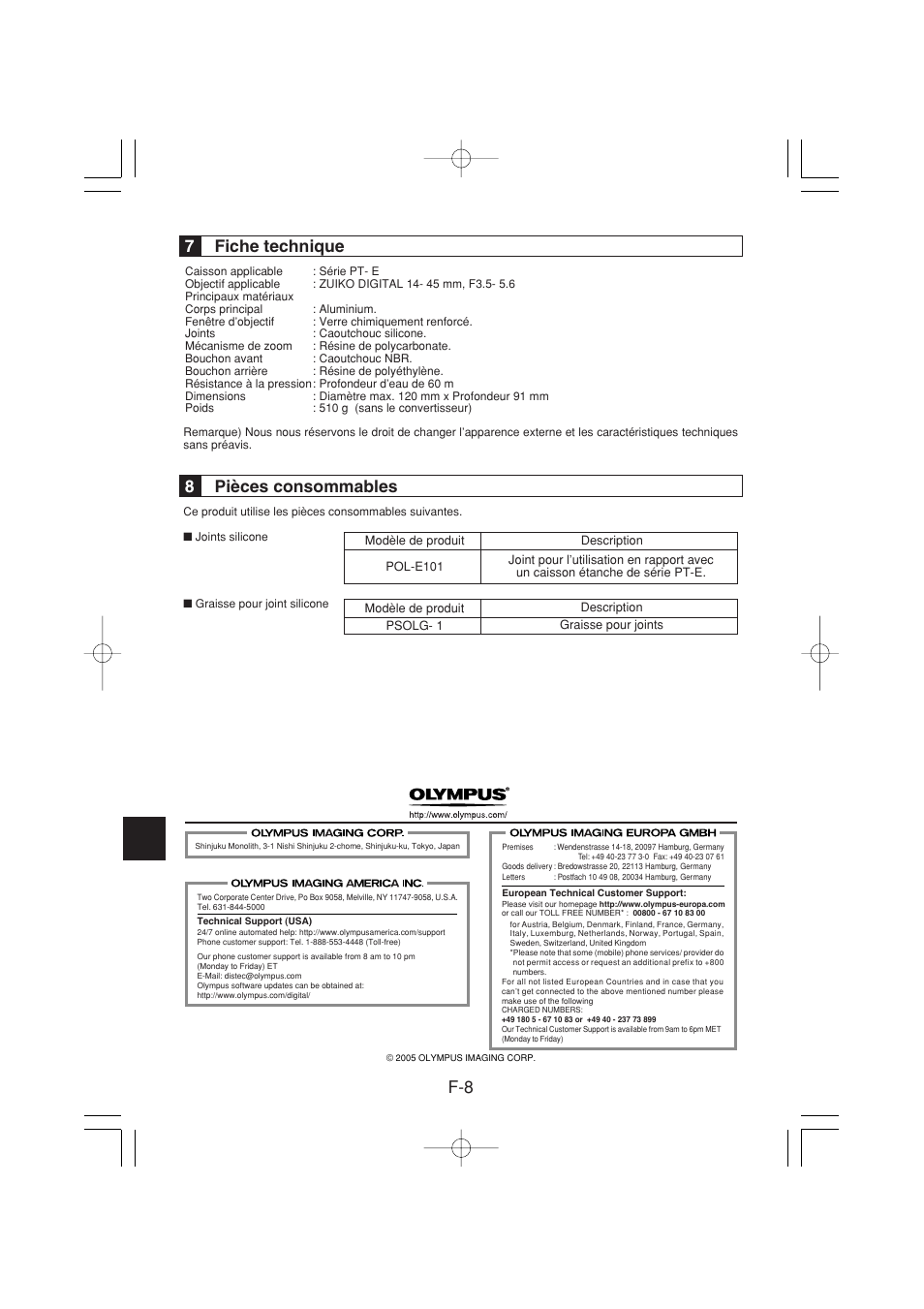 7fiche technique, 8pièces consommables | Olympus PPO-E01 User Manual | Page 26 / 60