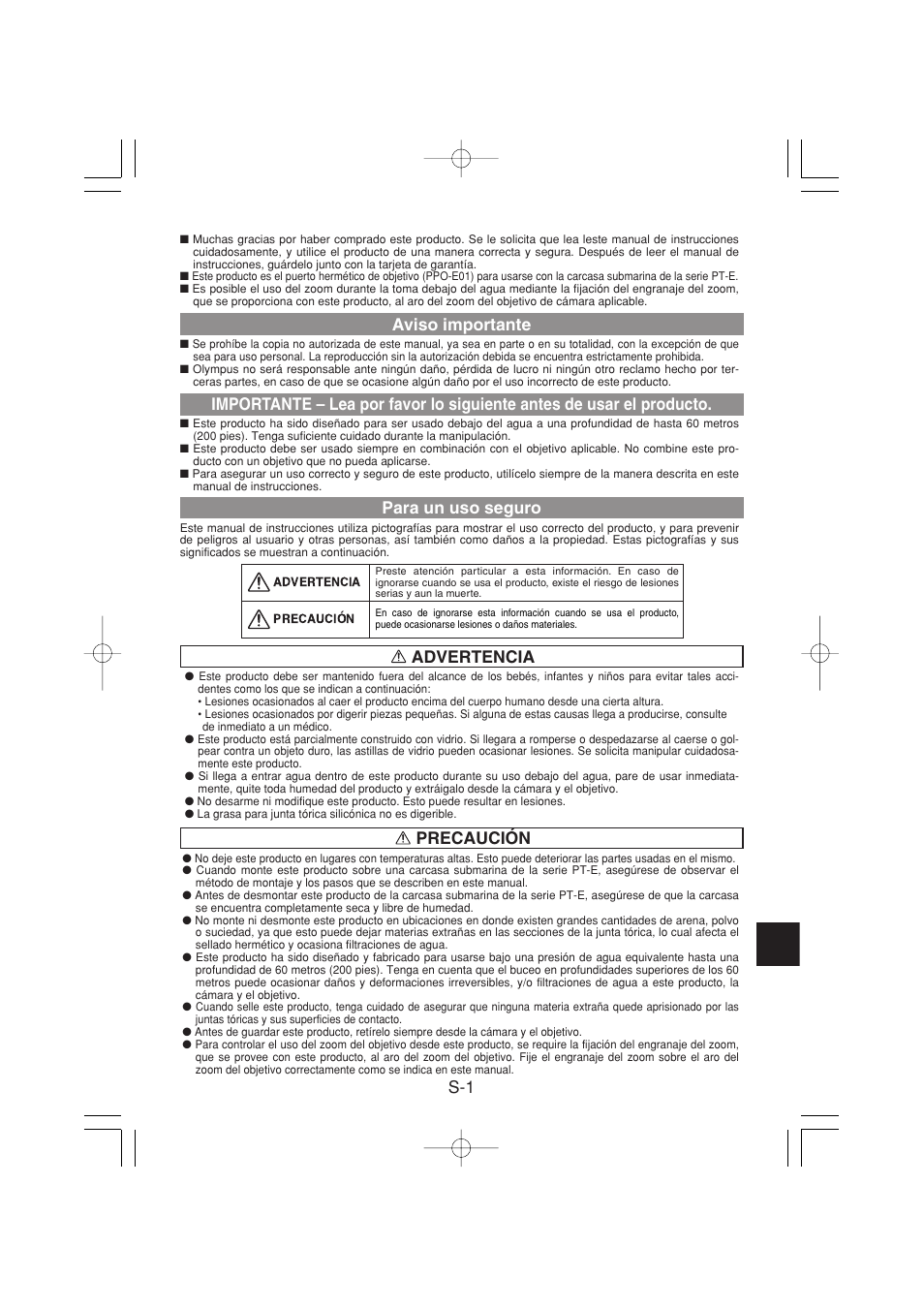 Advertencia precaución s-1 aviso importante, Para un uso seguro | Olympus PPO-E01 User Manual | Page 35 / 60
