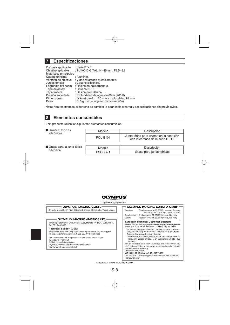 7especificaciones, 8elementos consumibles | Olympus PPO-E01 User Manual | Page 42 / 60